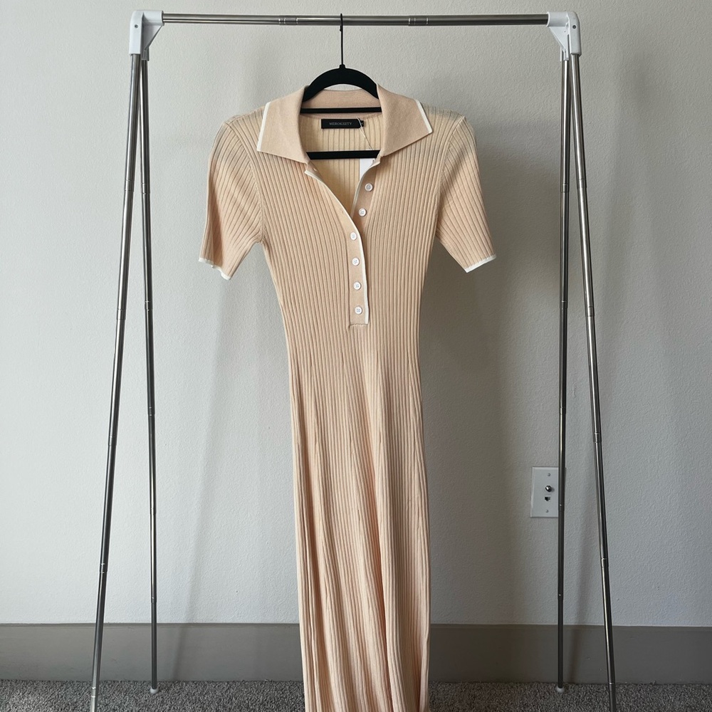 Amazon Tan Ribbed Maxi Dress with Buttons